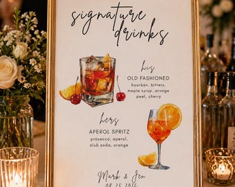 Editable Signature Drinks Wedding Sign | His and Hers Cocktail Menu | Wedding Bar Sign Template | Printable Drink Menu | Canva Template