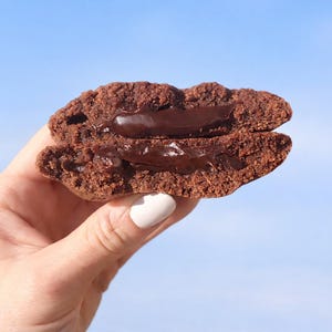 May include: A halved chocolate cookie held against a blue sky. The cookie is dark brown with a soft, gooey chocolate filling. The texture of the cookie is rough and crumbly.