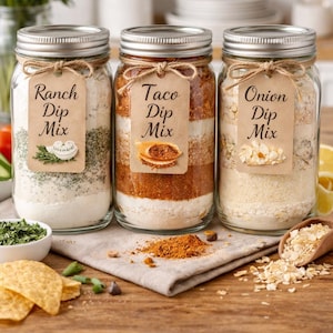 May include: Three glass jars filled with dip mixes: Ranch, Taco, and Onion. Each jar has a metal lid and a kraft paper tag with the mix name. The jars sit on a wooden surface with ingredients like chips and herbs.