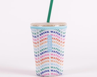 Reusable Neoprene Iced Coffee Sleeve: &#39;Drink Water&#39; Design