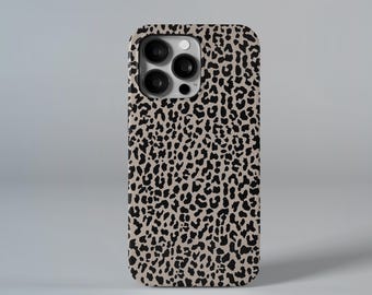 May include: A black and beige leopard print phone case for an iPhone.