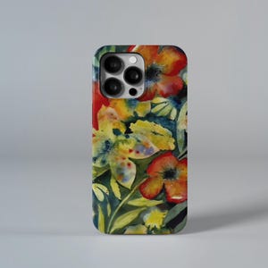 May include: A phone case featuring a watercolor floral design. The case showcases a vibrant arrangement of red, yellow, and orange flowers with green leaves against a dark background. The case has a glossy finish and a camera cutout.