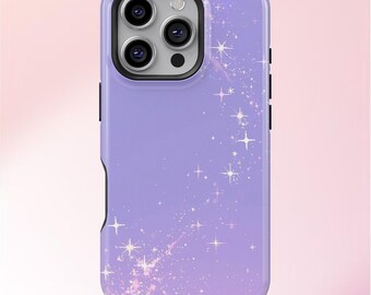 Könnte beinhalten: Eine lila Handyhülle mit glitzerndem Design. Die Hülle hat einen Farbverlauf von helllila bis dunkellila und ist mit weißen Sternen und Glitzer verziert.