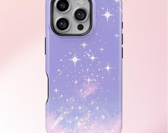 Könnte beinhalten: Eine lila Handyhülle mit einem weißen Sternenhimmel-Design. Die Hülle hat einen Verlaufseffekt, der von einem dunkleren Lila zu einem helleren Rosa übergeht. Die Sterne sind über die Hülle verteilt, einige erscheinen als Sternschnuppen.