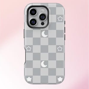 Checkered Star Moon Phone Case: iPhone, Samsung Galaxy.