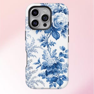 Elegante funda de teléfono con diseño floral vintage en azul y blanco para iPhone 16, 15, 14, 13, 12, 11 Plus, Pro Max, regalo de Navidad para Samsung Galaxy S24, S23 y S22