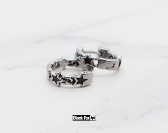 Titanium made hinged Star hoops, Small size unique design, Hypoallergenic unisex Huggies, Lightweight cartilage Gothic punk style earrings