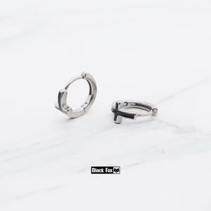 Titanium made hinged black Cross hoops, Small size unique design, Hypoallergenic unisex Huggies, Lightweight cartilage Gothic punk earrings