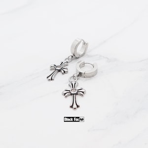 Vintage style design titanium small huggies with Cross dangle, unisex hoop dangle earrings, hypoallergenic drop earrings,crystal inlay charm