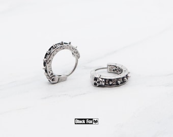 Titanium made Skull spikes hoops, Small size unique design, Hypoallergenic unisex Huggies, Lightweight cartilage Gothic punk style earrings