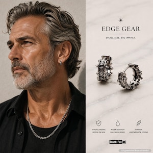 May include: A pair of silver-toned hoop earrings featuring a textured, industrial-style design with small studs. The text EDGE GEAR, SMALL SIZE. BIG IMPACT., HYPOALLERGENIC, WATER RESISTANT, TITANIUM, and Black Fox are visible on the product display.