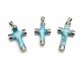 Larimar Kreuz Anhänger Halskette aus Silber: Dominikanische Republik Edelstein, Unisex Spirituelles Schmuck Geschenk