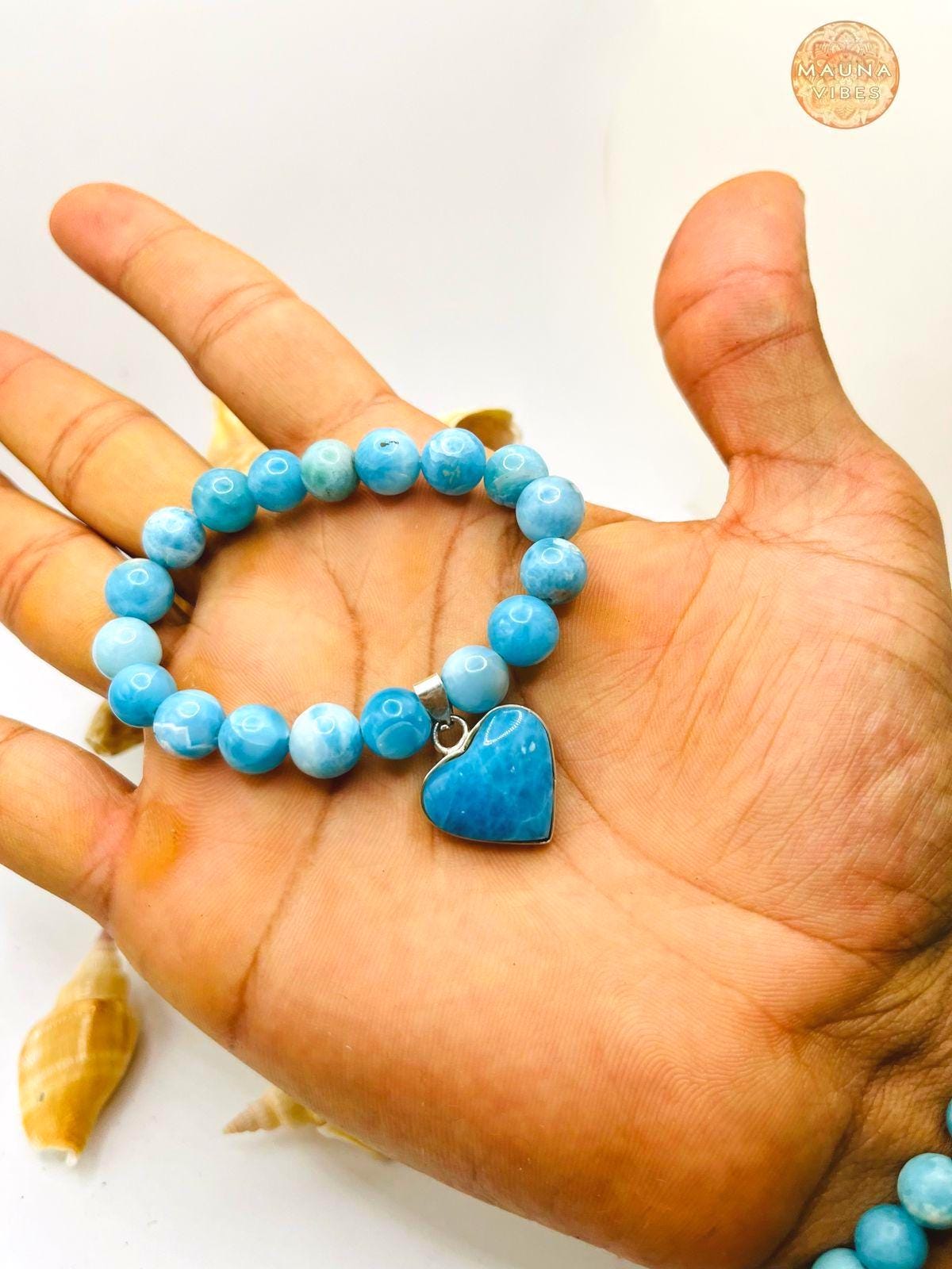 ラリマーハートブレスレット、天然ブルークリスタルブレスレット