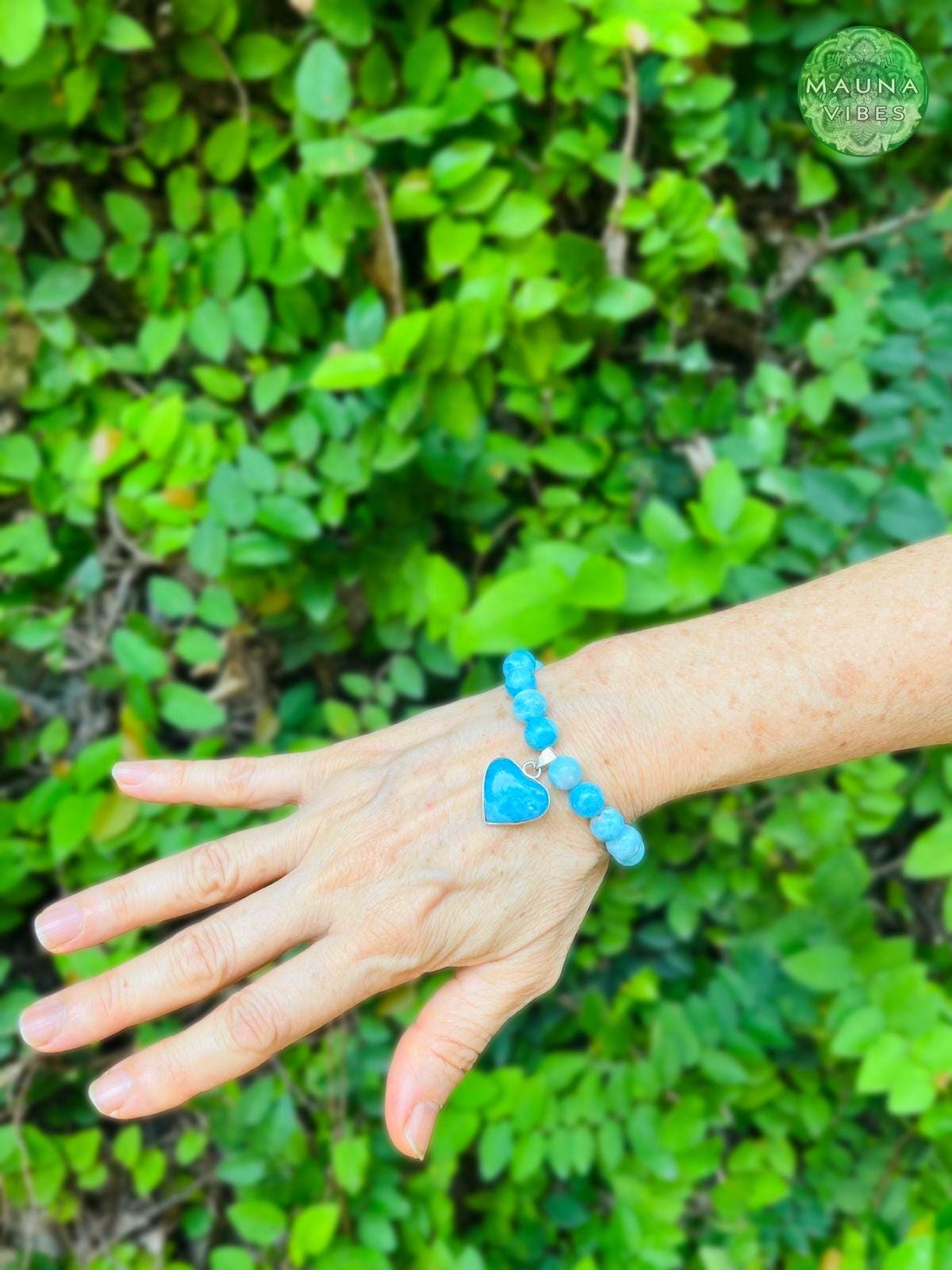 ラリマーハートブレスレット、天然ブルークリスタルブレスレット