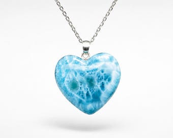 Larimar Heart Necklace, AAA Dominican Blue Larimar Pendant, 925 Sterling Silver Jewelry Women's Gift