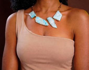 Larimar Statement Necklace 925 Sterling Silver, One of a Kind Blue Gemstone Designer Chunky Necklace