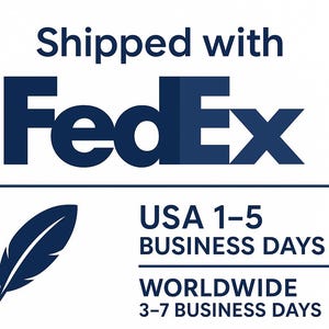 K&ouml;nnte beinhalten: Das Bild zeigt das FedEx-Logo in Dunkelblau mit dem Text &bdquo;Versendet mit FedEx&ldquo;. Darunter steht &bdquo;USA 1-5 WERKTAGE&ldquo; und &bdquo;WELTWEIT 3-7 WERKTAGE&ldquo;, begleitet von einer dunkelblauen Federgrafik.
