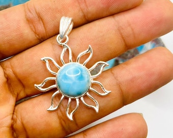 Larimar Sun Pendant Necklace for Men & Women- Gold or Silver Tone Unisex Gift