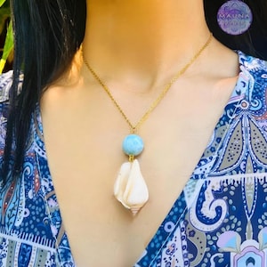Larimar Sphere Conch Necklace : Ocean-Inspired Gold Plated Gemstone Women&#39;s  Gift