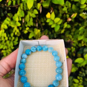 K&ouml;nnte beinhalten: Ein hellblaues Perlenarmband, pr&auml;sentiert in einer kleinen, offenen Schachtel mit beigem Stofffutter. Das Armband besteht aus runden, polierten Perlen. Der Hintergrund ist eine verschwommene Ansicht von gr&uuml;nem Laub.