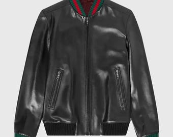 Handmade Black Leather Bomber Jacket: Men's Italian Style with Red/Green Ribbing