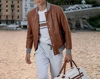 Men's Brown Genuine Leather Bomber Jacket, Varsity Style Streetwear, Lightweight Fall Jacket, Stylish Slim Fit Outerwear, Gift for Him