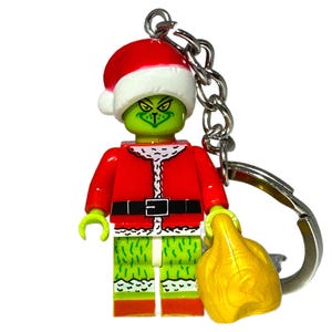 Grinch Minifigure Keyring: Handmade Holiday Keychain