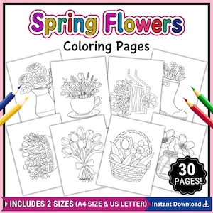 30 Spring Coloring Pages Printable, Simple Cute Flowers Coloring Sheets for Kids Adults, Easy Flower Activity Pages,Instant Download PDF,PNG