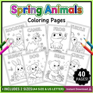 40 Easy Spring Animals Coloring Pages for Kids, Kawaii Spring Coloring Worksheets, Easy Toddler Coloring Sheets,Instant Digital Download PDF