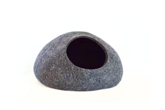 15 inches, Wool Cat Bed | Handmade Cat Cave (Dark Gray) | Warm, Round, Eco-friendly Cat House | Cozy Pet Bed