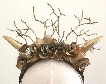 Gold Antler Horn Fawn Headband, Floral Woodland Wedding Headpiece, Festival Halloween UK.