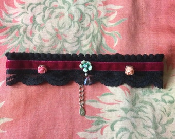 Dainty burgundy, velvet, lace beaded neck choker, Valentines gift.