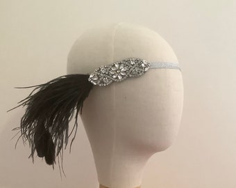 1920’s flapper headband, silver diamanté, black feather headpiece.