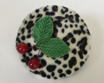 Leopard Print veil cocktail hat - Cherry fascinator.