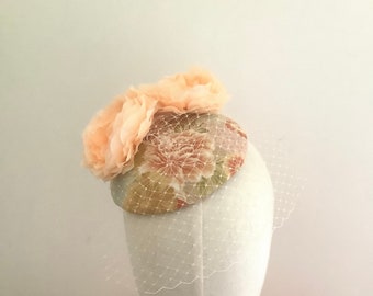 Peach, nude and gold Japanese kimono fabric cocktail hat with veil.