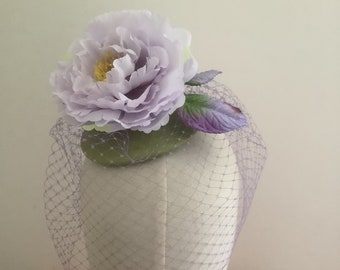 Moss green and lilac, veiled mini cocktail hat, fascinator.