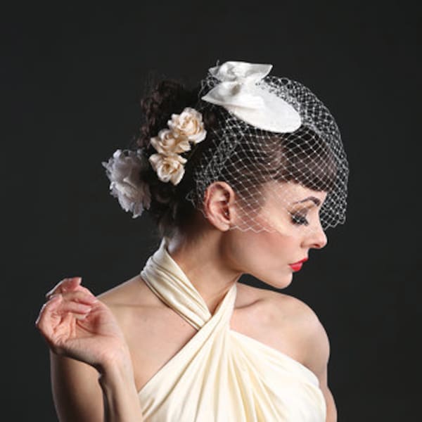 Silk fascinator - bow fascinator - Bridal wedding headpiece - Ivory silk cocktail hat - Birdcage veil - Ivory wedding hat.