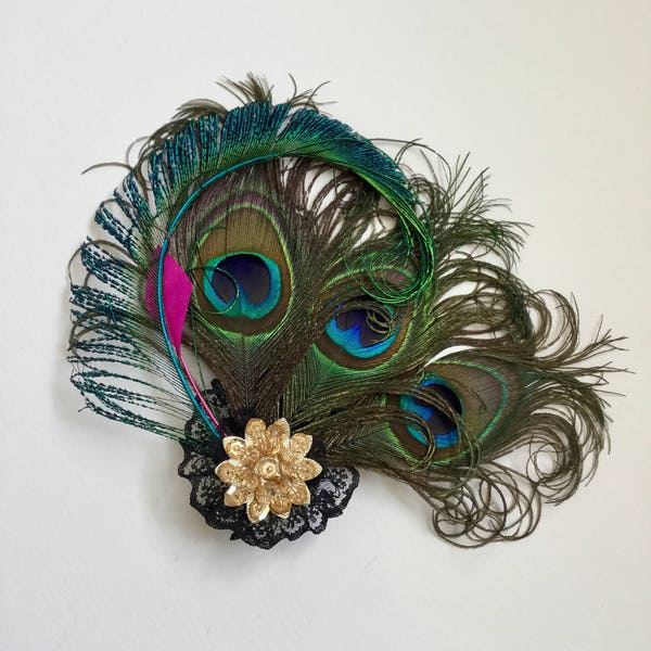 Peacock feather hair clip, Peacock feather fascinator.