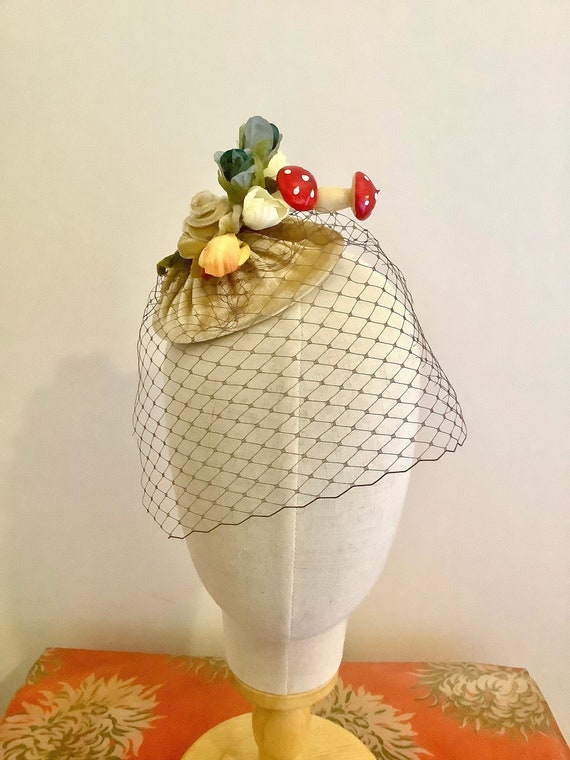Mustard velvet, silk floral woodland, veil, mushrooms fascinator, mini cocktail hat.