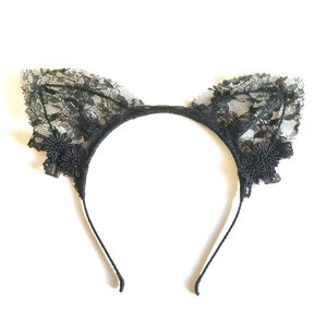 Black flowers floral lace cat ears headband.