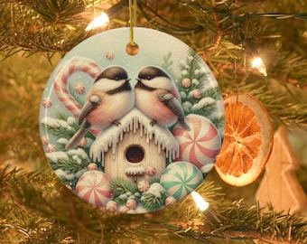 Chickadee Christmas Ornament: Ceramic Round Tree Decoration with Peppermint Candy & Winter Birdhouse Scene