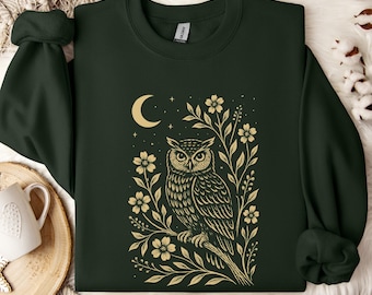 Moonlit Owl Sweatshirt Gildan 18000: Cottagecore owl moon phase sweater gift for nature lover