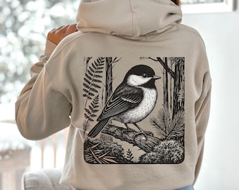 Chickadee Hoodie with Nature Fern Accent: Gildan 18500 Unisex Woodland Bird Hoodie Sweatshirt