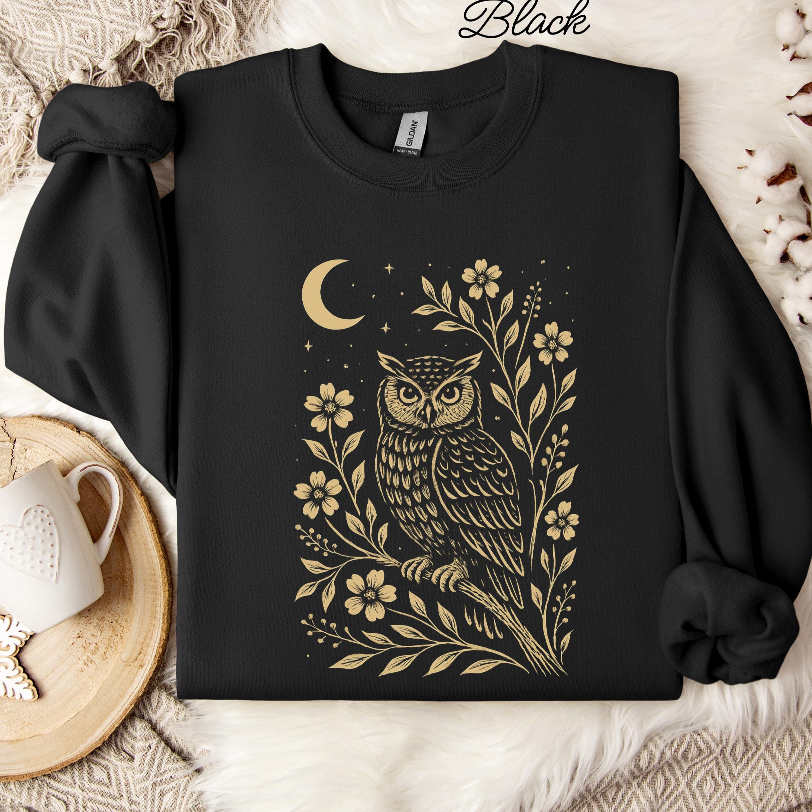 Moonlit Owl Sweatshirt Gildan 18000: Cottagecore owl moon phase sweater gift for nature lover