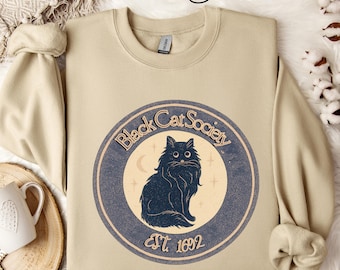 Sudadera vintage de gato negro: cuello redondo gótico de bruja