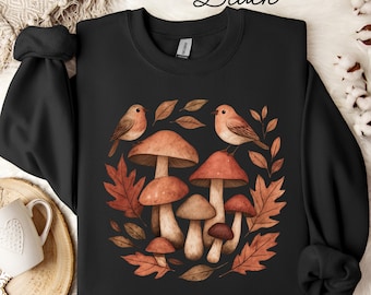 Fall Mushroom Sweatshirt: Cozy Cottagecore Crewneck, Woodland Bird Design
