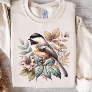 Chickadee Sweatshirt, Floral Bird Jumper, Nature Lover Gift, Cozy Animal Sweater, Botanical Pullover, Wildlife Crewneck, Spring Birdie Top