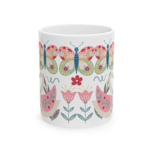 Ceramic Mug Scandinavian Folk-Art Inspired Coffee Cup Vintage Botanical Gift Nature Lover Mug Vintage Floral Design Cute Butterfly Tea Mug