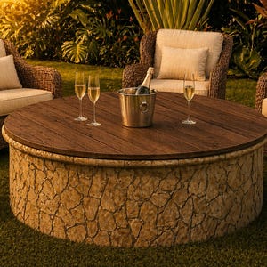 May include: A round outdoor coffee table with a stone base and a dark wood top. Champagne glasses and a metal ice bucket with a champagne bottle sit on the table. Wicker chairs surround the table on a grassy lawn.