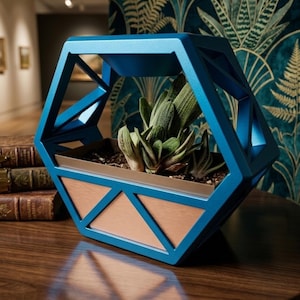 May include: A geometric, blue metal planter with a copper-colored base, holding a succulent plant. The planter has an open, angular design. The plant has green and white striped leaves. The planter is on a wooden surface.